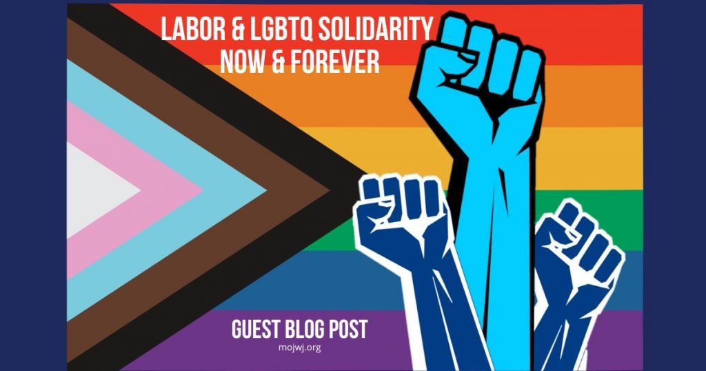 LGBTQ flag background with MO JWJ solidarity fist trio in the foreground